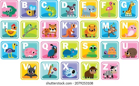 Zoo alphabet. Funny animals vector icons set. Letters A - Z. Alligator, bee, dog, flamingo, hen  Narwhal, octopus, panda, quokka, rabbit, shark, turtle, unicorn, vulture, whale, x-ray fish, yak, zebra