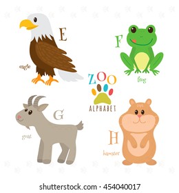 Zoo alphabet with funny cartoon animals. E, f, g, h letters. Eagle, frog, goat, hamster. Vector illustration