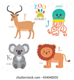 Zoo alphabet with funny cartoon animals. I, j, k, l letters. Impala, jellyfish, koala, lion. Vector illustration