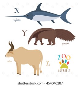 Zoo alphabet with funny cartoon animals. X, y, z letters. Xiphias, yurumi, zebu. Vector illustration