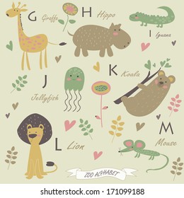 Zoo alphabet with g, h, i, j, k, l, m letters. Cute giraffe, hippo, iguana, jellyfish, koala, lion, mouse and flowers in cartoon style