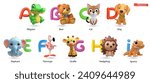 Zoo alphabet part 1. Alligator, bear, cat, dog, elephant, flamingo, giraffe, hedgehog, iguana. Animals 3D vector render objects set