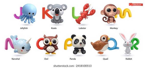 Zoo alphabet part 2. Jellyfish, koala, lobster, monkey, narwhal, owl, panda, quail, rabbit. 3d render vector cartoon icon set