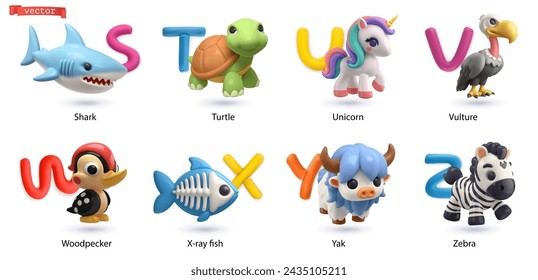 Alfabeto zoológico, parte 3. Tiburón, tortuga, unicornio, buitre, pájaro carpintero, pez de rayos X, yak, cebra. Conjunto de iconos vectoriales 3d