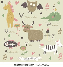 Zoo alphabet with u, v, w, x, y, z letter. Cute unicorn, vampire bat, whale, x-ray fish, yak, zebra and flowers in cartoon style