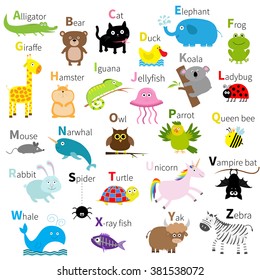 Zoo animal alphabet. Cute cartoon character set. Isolated. White design. Baby children education. Alligator, bear, cat, duck, elephant frog giraffe hamster iguana  Flat design Vector illustration