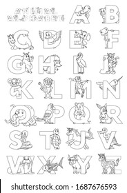 Zoo animal alphabet. Letters from A to Z. Cartoon cute animals isolated on white background. Different animals ABC. For children school education and foreign language study. Coloring book and page.