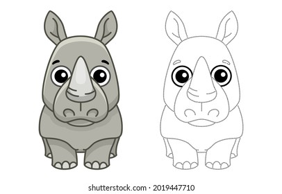 Zoo animal for children coloring book. Funny rhino in a cartoon style. Trace the dots and color the picture