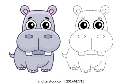 Zoo animal for children coloring book. Funny hippo in a cartoon style. Trace the dots and color the picture