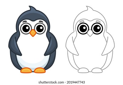 Zoo animal for children coloring book. Funny penguin in a cartoon style. Trace the dots and color the picture