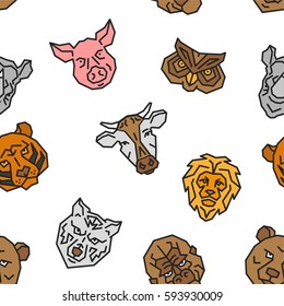 Zoo Animal Head Face Cow Lion Tiger Pig Owl Rhinoceros Wolf Ape Bear Vector Emblem Minimalistic Geometric Flat Line Icon Seamless Pattern