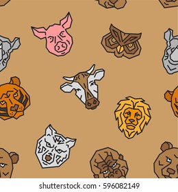 Zoo Animal Head Face Cow Lion Tiger Pig Owl Rhinoceros Wolf Ape Bear Vector Emblem Minimalistic Geometric Flat Line Icon Seamless Pattern