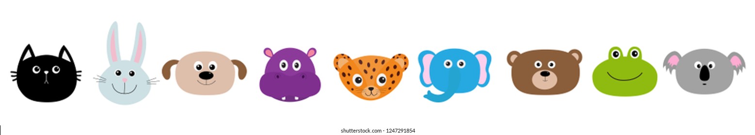 Zoo Animal Head Face Set. Cute Cartoon Character Baby Children Education. Cat, Rabbit, Hare, Jaguar, Dog, Hippopotamus Elephant, Bear Frog Koala. Flat Design. White Background Isolated. 