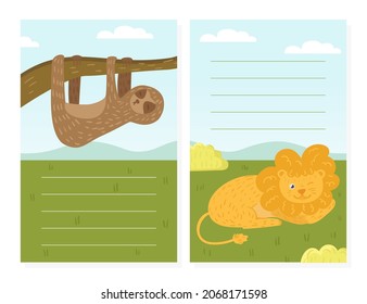 Zoo Animal Lined Card with Lion and Sloth Hanging on Tree Branch Vector Template