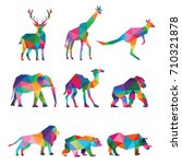 ZOO ANIMAL LOW POLY LOGO ICON SYMBOL SET. TRIANGLE GEOMETRIC KANGAROO, LION, GIRAFFE, CAMEL, DEER, BEAR,RHINO AND GORILLA POLYGON WILDLIFE