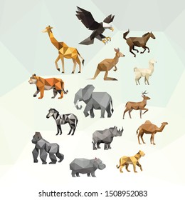 ZOO ANIMAL LOW POLY LOGO ICON SYMBOL SET. TRIANGLE GEOMETRIC POLYGON WILDLIFE