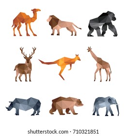 ZOO ANIMAL LOW POLY LOGO ICON SYMBOL SET. TRIANGLE GEOMETRIC KANGAROO, LION, GIRAFFE, CAMEL, DEER, BEAR,RHINO AND GORILLA POLYGON WILDLIFE