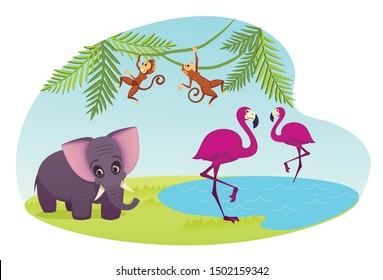 Zoo or Animal Park with Couple of Pink Flamingo Stand on Water Surface, Monkeys Jumping on Palm Tree Branches, Elephant. Exotic Tropical Characters, Decoration Element Cartoon Flat Vector Illustration