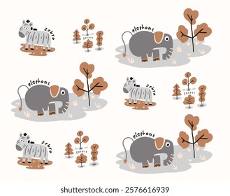 Zoo animal pattern with elephant and zebra