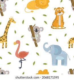 Zoo Animal with Pink Flamingo and Koala on Tree Trunk Vector Seamless Pattern Template