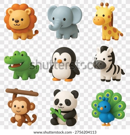 Zoo Animal Vector Icon Set | 3D icon set | lion, elephant, giraffe, crocodile, penguin, zebra, monkey, panda, and peacock