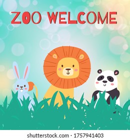 Zoo animal welcome, vector illustration. Funny wildlife background, template poster forest, cute lion, panda and hare cartoon. Flat flyer banner cute nature, park, jungle brochure invitation.