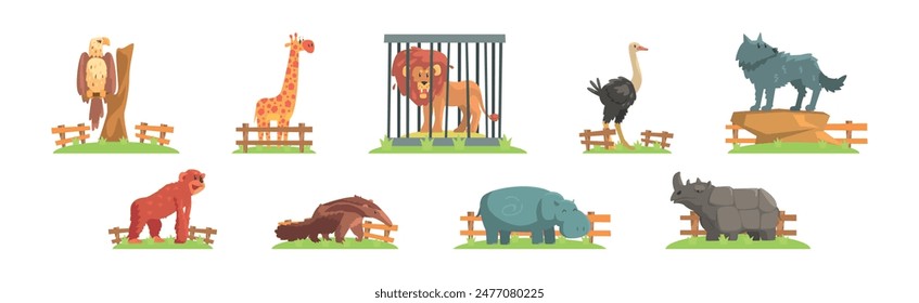 Zoo Animal and Wild Fauna Behind Fence Vector Set