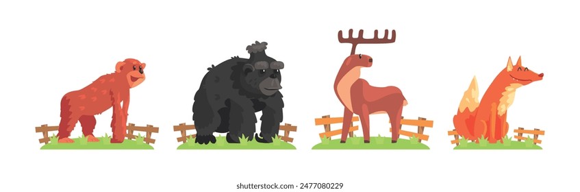 Zoo Animal and Wild Fauna Behind Fence Vector Set