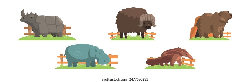 Zoo Animal and Wild Fauna Behind Fence Vector Set