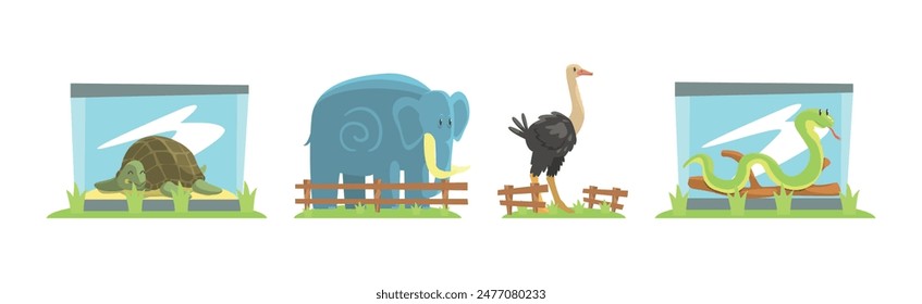 Zoo Animal and Wild Fauna Behind Fence Vector Set