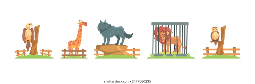 Zoo Animal and Wild Fauna Behind Fence Vector Set