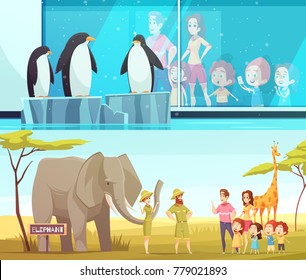 Zoo animals 2 horizontal cartoon banners with elephant and giraffe in safari environment and penguins vector illustration