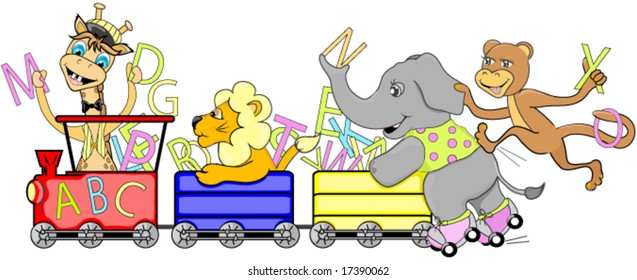 Zoo animals with the alphabet riding a train.