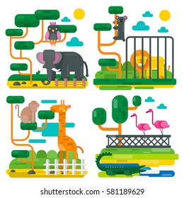 Zoo animals and birds cartoon vector flat illustration. Elephant, crocodile, monkey, koala and parrot on tree, giraffe, flamingo and lion in zoological garden or park. Mosaic or applique style