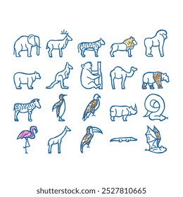 zoo animals, birds and snake doodle icons set vector. sketch line art tiger and elephant, bear and panda, zebra and kangaroo, toucan and eagle, crocodile and giraffe zoo animals color illustrations