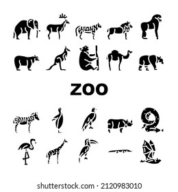 Zoo Animals, Birds And Snake Icons Set Vector. Tiger And Elephant, Bear And Panda, Zebra And Kangaroo, Toucan And Eagle, Crocodile And Giraffe Zoo Animals Glyph Pictograms Black Illustrations