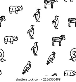 Zoo Animals, Birds And Snake Vector Seamless Pattern Thin Line Illustration