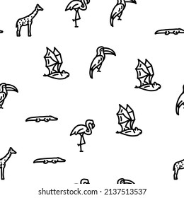 Zoo Animals, Birds And Snake Vector Seamless Pattern Thin Line Illustration