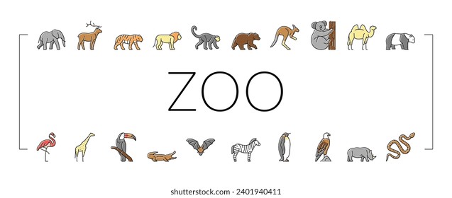 Zoo Animals, Birds And Snakes Icons Set Vector. Exotic Tiger And Elephant, Deer And Kangaroo, Camel And Panda Bear, Zebra And Monkey In Zoo Line. Flamingo And Penguin Color Illustrations