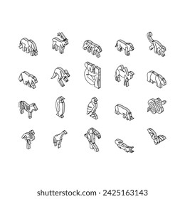 Zoo Animals, Birds And Snakes isometric icons set. Exotic Tiger And Elephant, Deer And Kangaroo, Camel And Panda Bear, Zebra And Monkey In Zoo Line. Flamingo And Penguin Color .