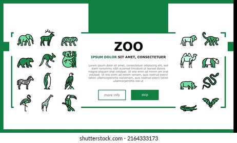 Zoo Animals, Birds And Snakes Landing Web Page Header Banner Template Vector. Tigre Y Elefante Exóticos, Cerveza Y Canguro, Oso De Camello Y Panda, Cebra Y Mono En Línea De Zoológico. Ilustración de Flamingo