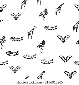 Zoo Animals, Birds And Snakes Vector Seamless Pattern Thin Line Illustration