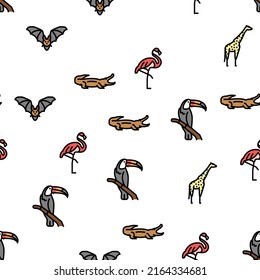 Zoo Animals, Birds And Snakes Vector Seamless Pattern Thin Line Illustration