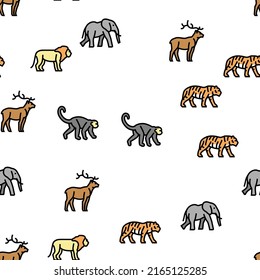 Zoo Animals, Birds And Snakes Vector Seamless Pattern Thin Line Illustration