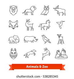 Zoo animals & birds. Thin line art icons set. Zoological garden wildlife, national park landscape. Linear style symbols isolated on white.