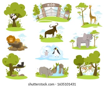 Zoo animals cartoon characters, set of isolated stickers vector illustration. Collection of cute exotic animals in zoo, panda, giraffe, lion and elephant. African wildlife, monkey, rhino and panther