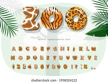 Zoo animals cartoon font. Jaguar, cheetah, tiger, giraffe fur print alphabet. Jungle adventure letters and numbers. For kids clothes, t shirt, birthday card. Vector illustration