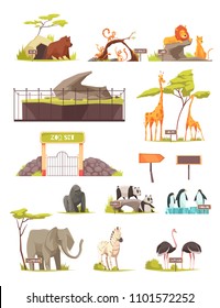 Zoo animals cartoon icons collection with zebra elephant bird ostrich lions giraffe panda penguins isolated vector illustration 