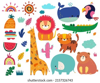 Zoo animals collection hand drawn design illustration for children. Set with a lion, giraffe, whale, crocodile, elephant, tiger, parrot and exotic fruits. cartoon style