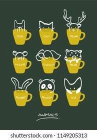 zoo animals cup chalkboard doodle  english  words for kids logo vector 